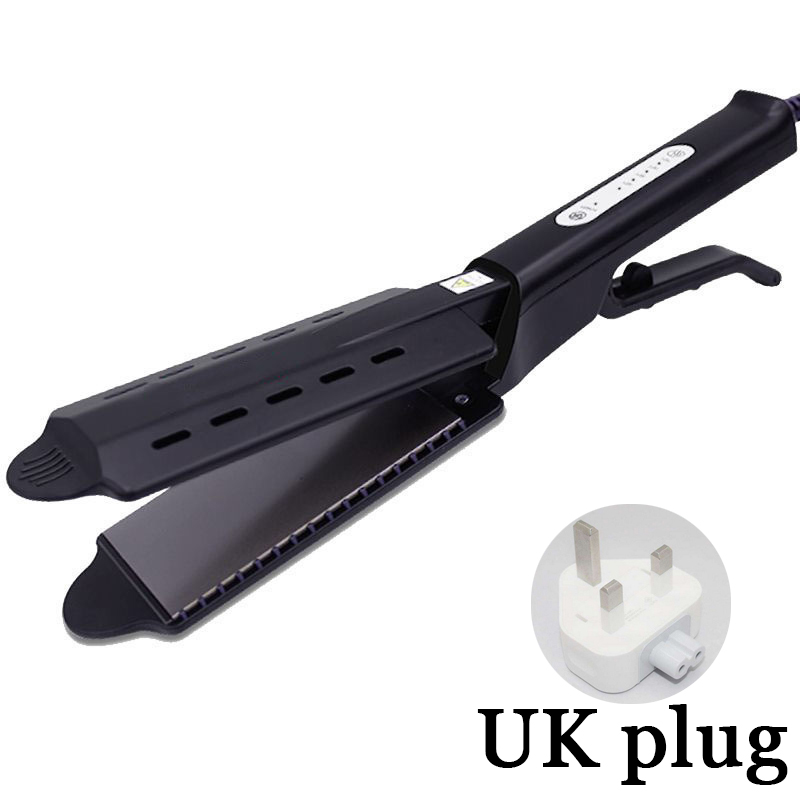 Plancha de pelo a vapor, rizador de pelo con Panel ensanchado para el hogar, plancha de turmalina de cerámica con temperatura ajustable de cuatro engranajes: UK Plug with box