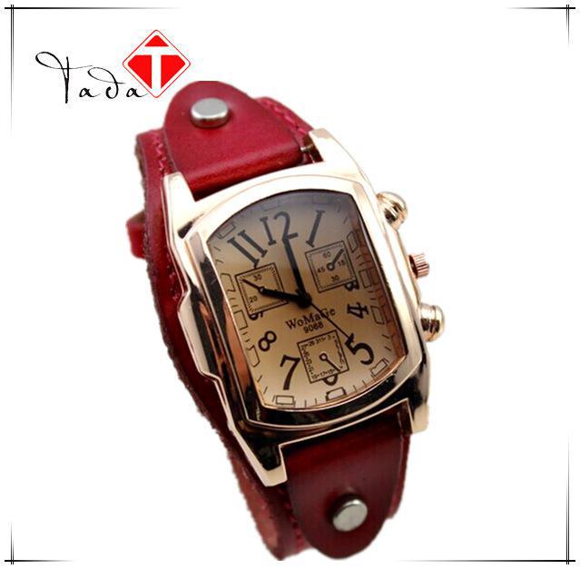 Dames heren rechthoekig analoog horloge met roestvrijstalen kast en leren band dames quartz sporthorloge: Rood