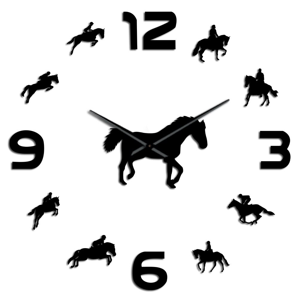 Reit Quarz Uhr Batterie Betrieben Selbst Klebe DIY 3D Wanduhr Reiten Große Nadeln Spiegel Effekt Hause Dekor: Schwarz / 37 Zoll