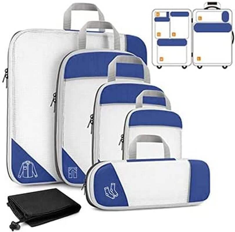 6-piece Travel Packaging Cube Storage Bag Packaging Compressed Travel Luggage Packaging Storage Bag Set: Blue