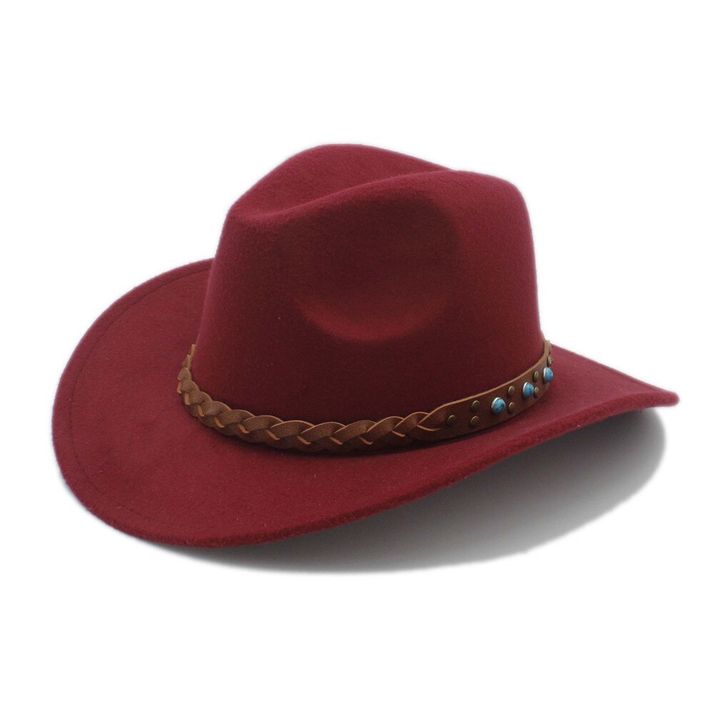 Luckylianji uldfilt vestlig cowboy hat til barn barn bred skygge cowgirl kallaite fletning læderbånd (størrelse :54cm, juster reb): Vin