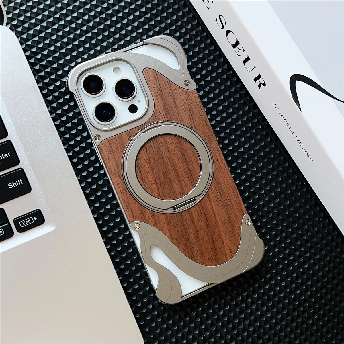 Funda de madera de nogal Natural para iPhone 16, 15, 14 Pro Max, aleación de aluminio sin marco, anillo magnético giratorio 360, fundas con soporte de Metal: Gris / IPhone 16 Pro