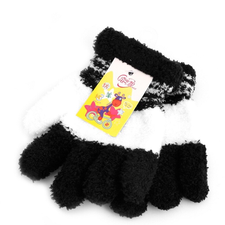 Nuevos guantes de lana suave para niños y niñas, guantes con dedos completos, accesorios cálidos para el invierno: Black with White