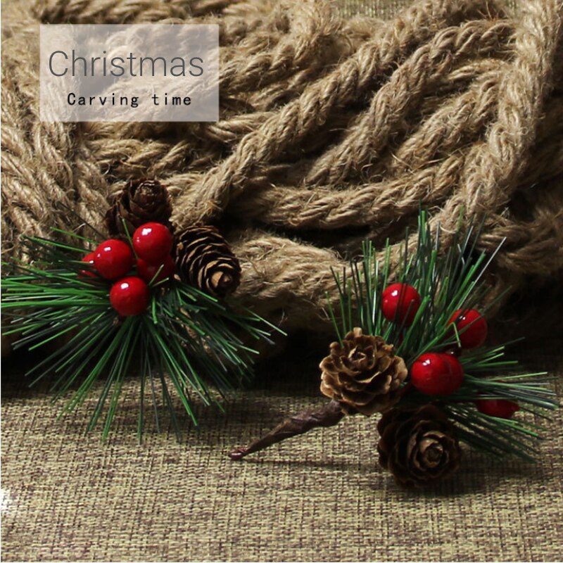 10pcs Artificial Flower Red Christmas Berry Pine Cone With Holly Branches Mini Christmas Tree Decoration Home Decor Flower Craft