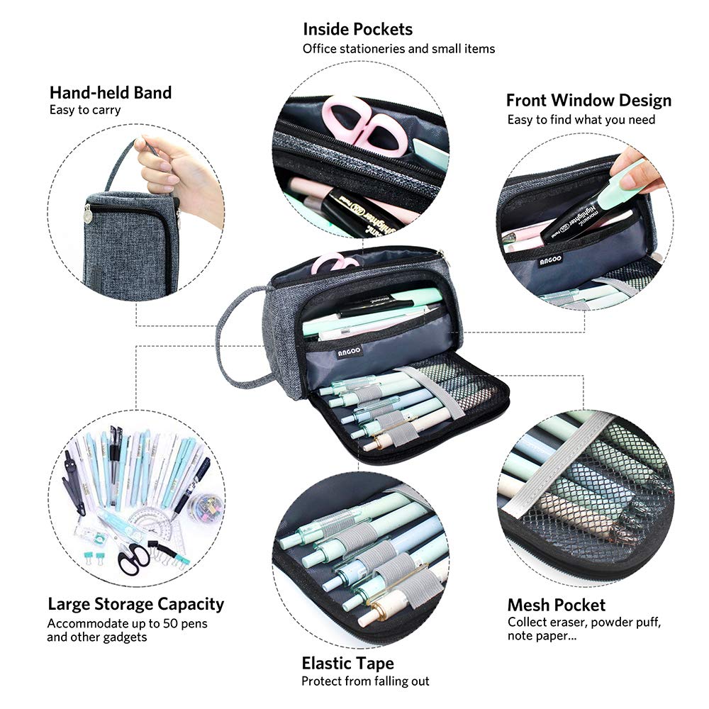 Solid Color Dark Grey Pencil Pouch Big Capacity Pen Bag Side Open Stationery Tools Case Make Up Bag Pencil Bag School Girl