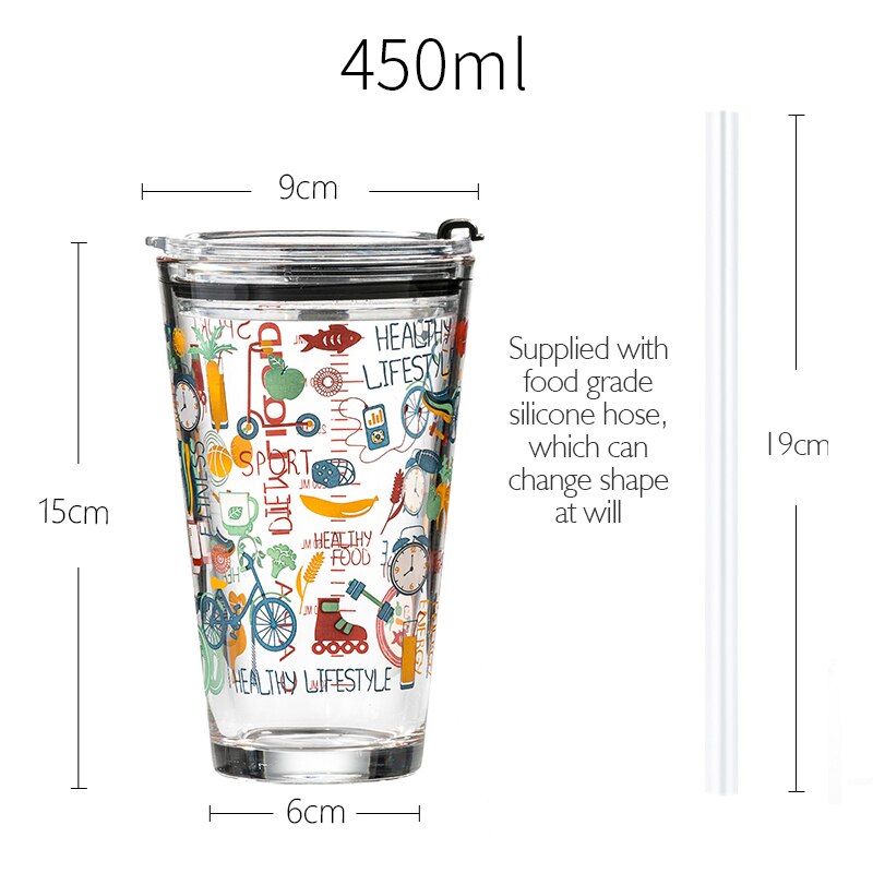 Vaso graduado de cristal con pajita, taza de leche, Graffiti, 450ml, juego de: Graffiti style