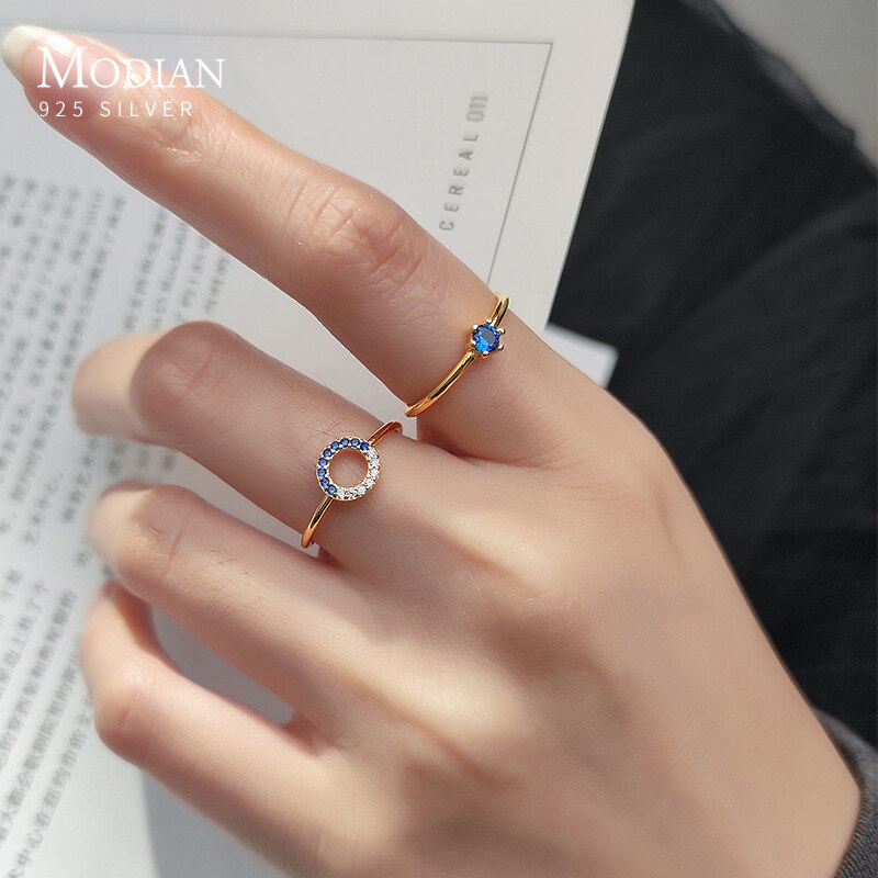 Modian Brands Water Round Square Blue Crystal Opening 925 Sterling Silver Ring for Women Korea Style 3 Style Fine Jewelry