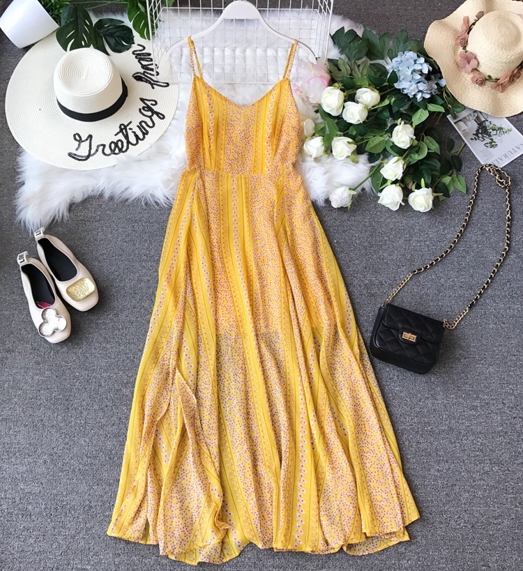 Geel Chiffon Midi Jurk Zomer Casual Vrouwelijke Plus Size Lady Beach Vestidos Spaghetti Band Jurk Vrouwen Dames