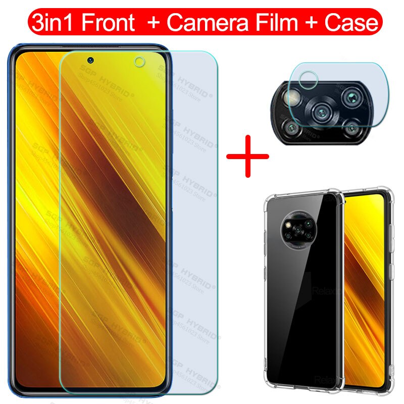 3-in-1 tempered glass for xiaomi poco x3 nfc camera film soft case for mi pocophone x3 x 3 pocox3 3x nfc screen protector cover: 3in1