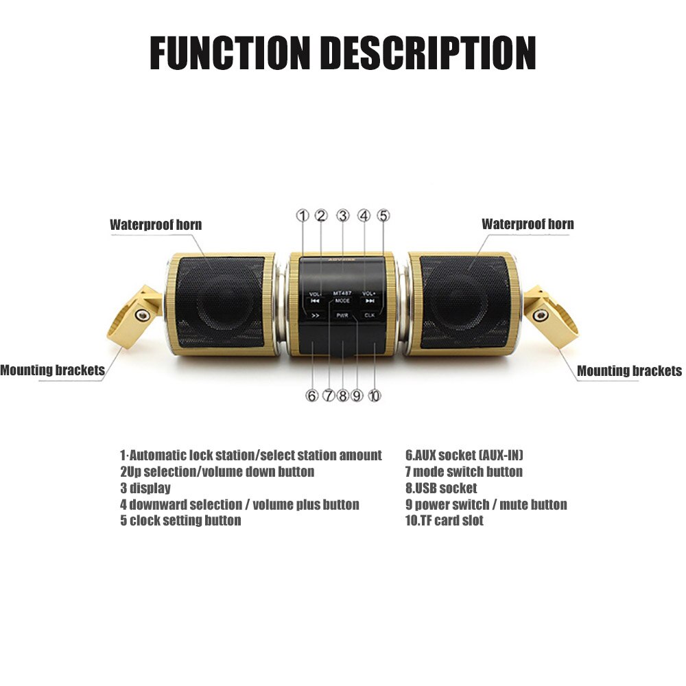 MT487 Motorcycle Bluetooth Music Player MP3 FM Radio Adjustable LED Screen Motorcycle Stereo Speaker Waterproof