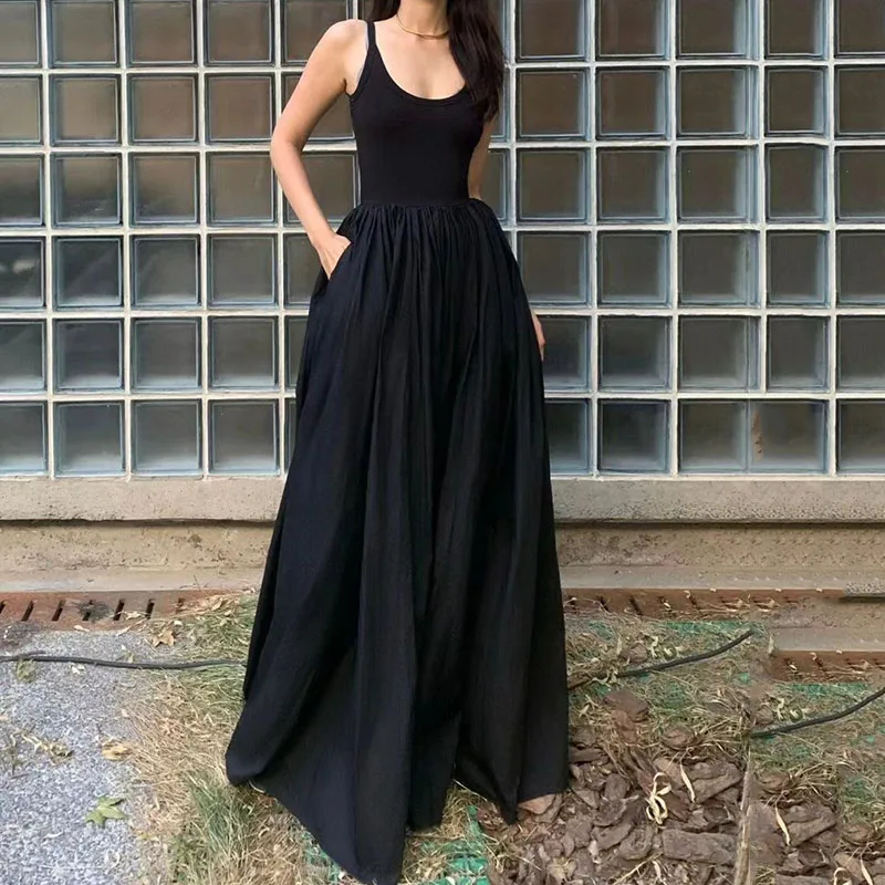 Lucyever Korean Black Maxi Dress Women Summer Sleeveless Spaghetti Strap Dresses Female Patchwork A-Line Dress: XL