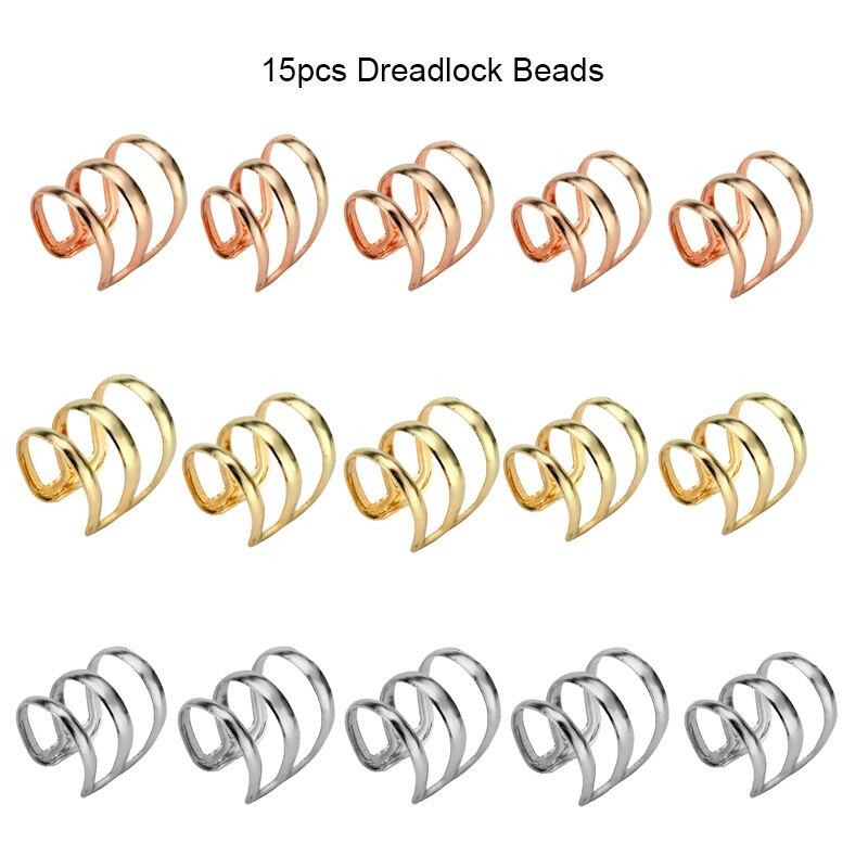 1/5/15PCS 15mm Hair Dreadlock Beads Tube Adjustable Hair Ring for Braids Hair Beads Braid Cuff Clip Hair Styling Accessories: 15PCS SilverGoldRose