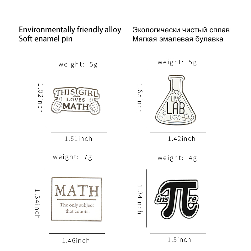 Broches de Metal personalizados para química, matemáticas y ciencia, insignia de letra Simple en blanco y negro, para profesores, estudiantes, Pin esmaltado Geek Pi π