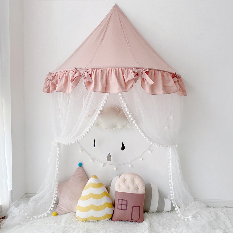 Tienda tipi de algodón para niños, casa de juegos, toldo plegable, cortina para cama, red para cuna de bebé, decoración para habitación de niño y niña: pink bow