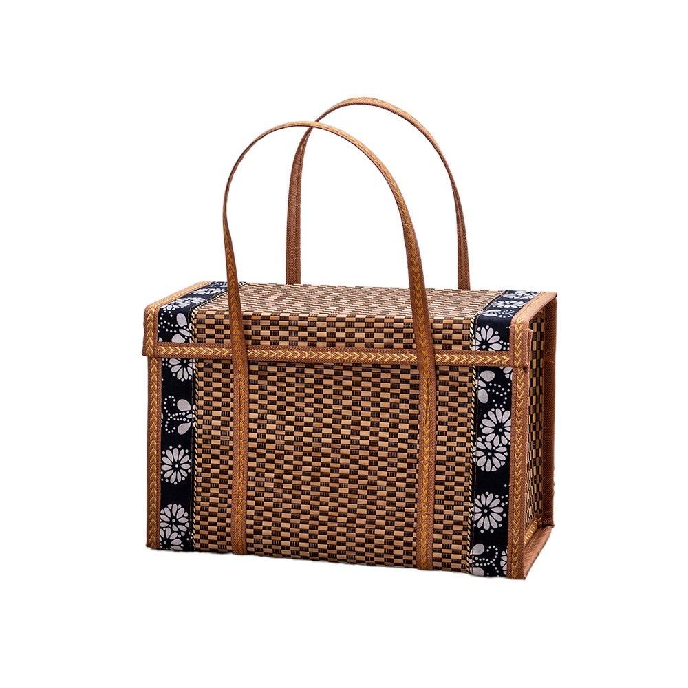 Bamboo Bamboo Picnic Basket Rectangular Large Capacity Hand-Woven Basket with Lid Foldable Handheld Woven Basket Photo Prop: M / green