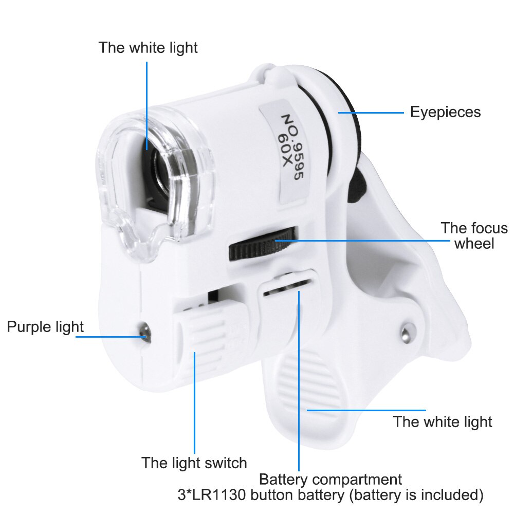 Universal 60X Phone Clip Lens Mobile phone Microscope Macro Lens Zoom Micro Camera Clip with LED Light Phone lens for travel
