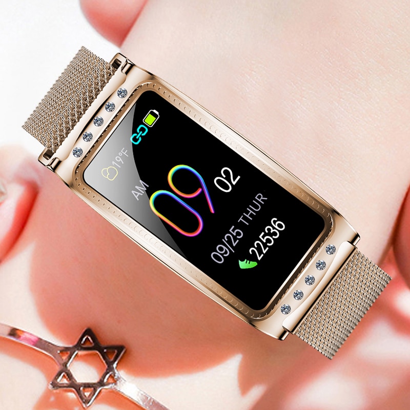Smartwatch Damski F28 - Tętno, Ciśnienie Krwi, Tlen, Przypomnienie o Okresie, Bransoletka Fitness