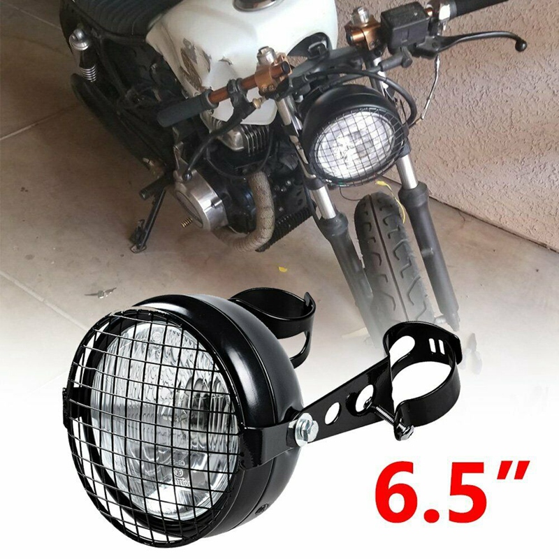 Retro Vintage Motorcycle Universal Side Mount 35W 6.5 Inch Transparent Headlight Cafe Racer with Grille + Bracket Kit: Default Title