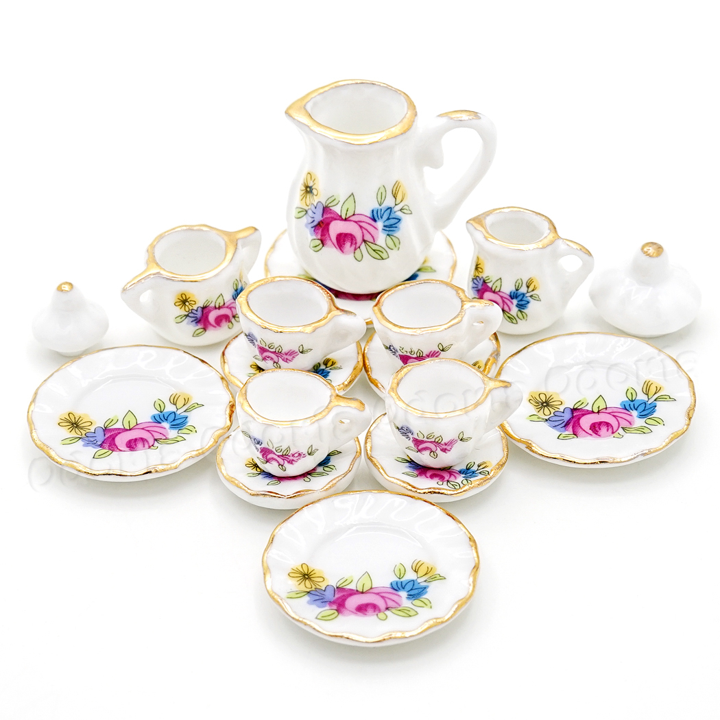 Odoria 1:12 miniaturowy 15 sztuk porcelanowy zestaw filiżanek do herbaty wzór kota czajniczek Teaware kuchnia akcesoria do domku dla lalek dekoracja do domku dla lalek: Colorful Flower