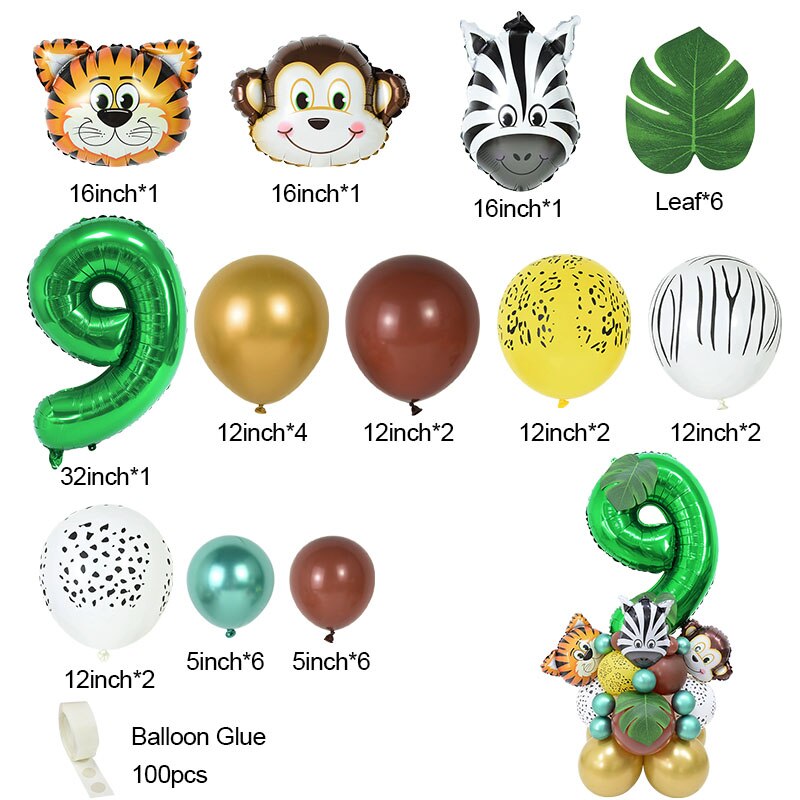 Conjunto de globos con número de animales de Safari para niños, decoración para de cumpleaños de 1 a 9 años, suministros para Baby Shower, 35 piezas: Number9 Set