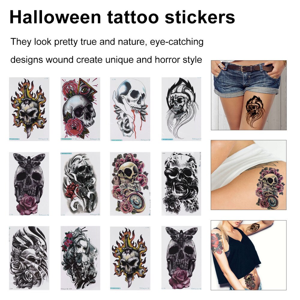 10Pcs Body Arm Art Temporary Stickers Skeleton Decals for Fancy Makeup