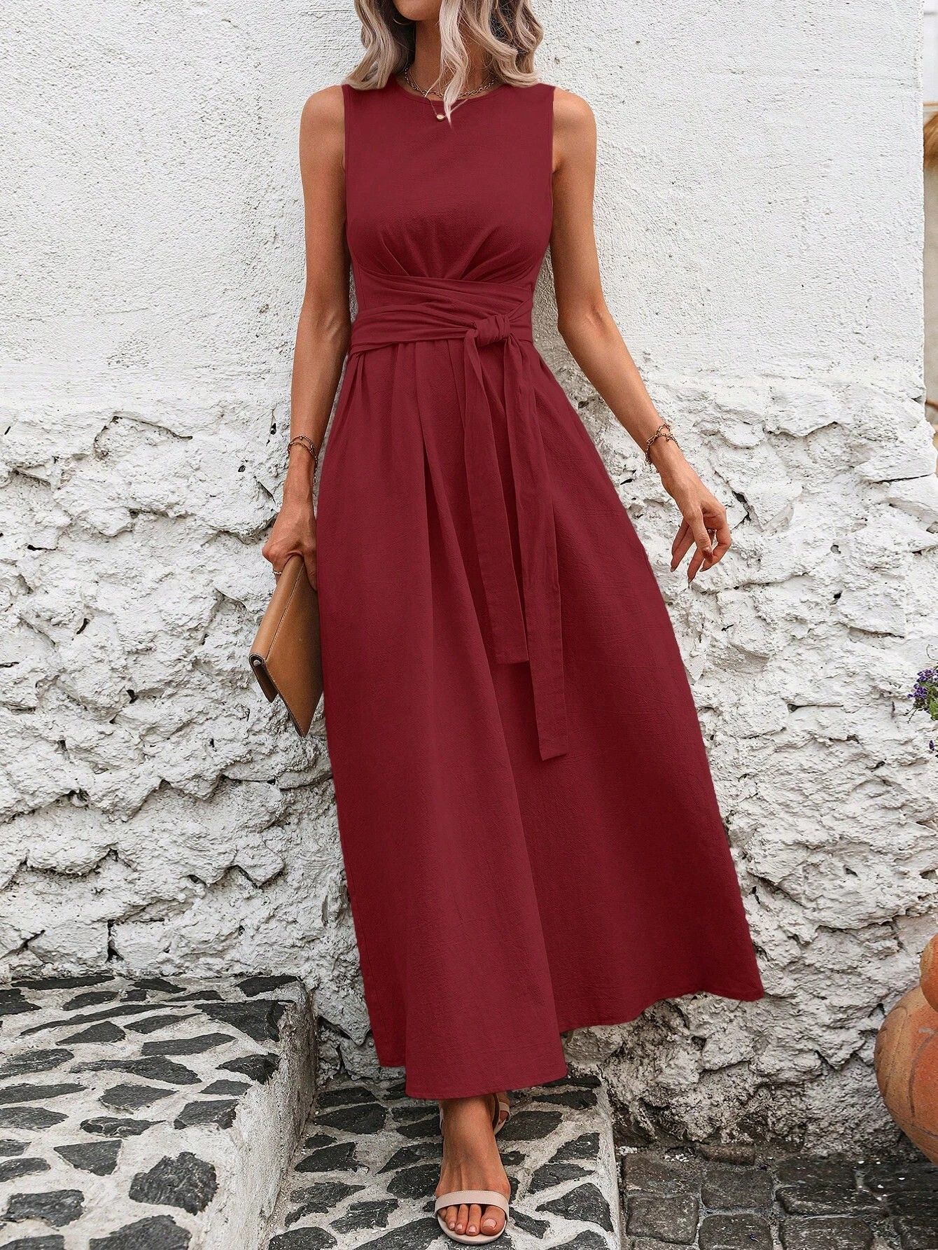 Lange jurken zonder mouwen, formele avondjurk, lente/zomer, veelzijdige strandjurk, resortjurk, comfortabele casual lange jurk voor dames: S / Rood