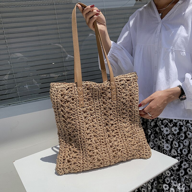 Sac de paille ajouré pour femmes, sac à bandoulière de grande capacité fait à la main en rotin, fourre-tout de voyage tissé plage Shopping,