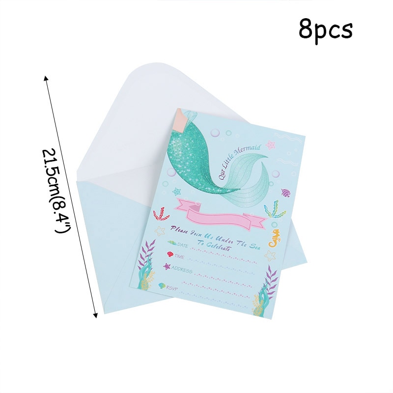 8pcs Little Mermaid Party Invitation Cards Invited Envelopes Baby Shower Girl Birthday Party Decorations Mermaid Tail Cards