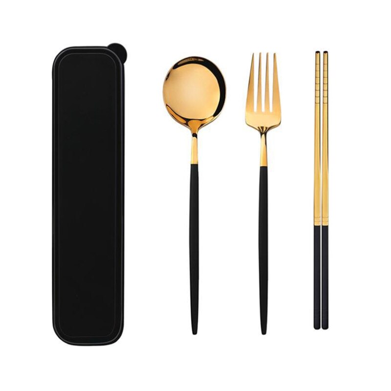 European Portable Dinner Set Cutlery Stainless Steel Knife Fork Spoon Chopsticks Dinnerware Set with Box Kitchen Tableware: Black B
