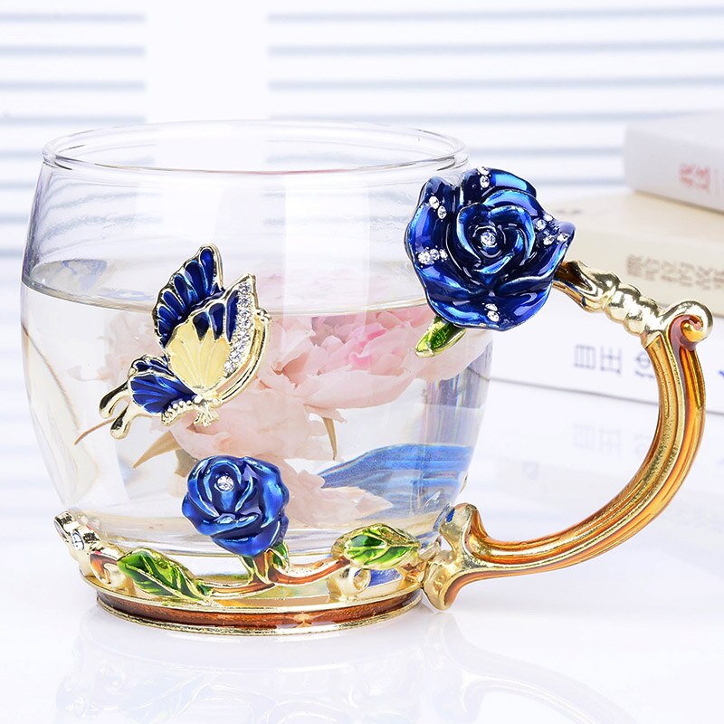 Blå rose emalje krystal te kop kaffe krus sommerfugl rose malet blomst vand kopper klart glas med ske sæt: 01