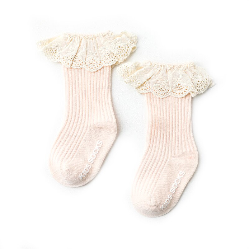 Baby lange sokker til piger varme sokker udbenet dobbeltnål baby blonder blonder piger høje baby sokker skridsikre strømper børn: Lyserød / M 1-3 år