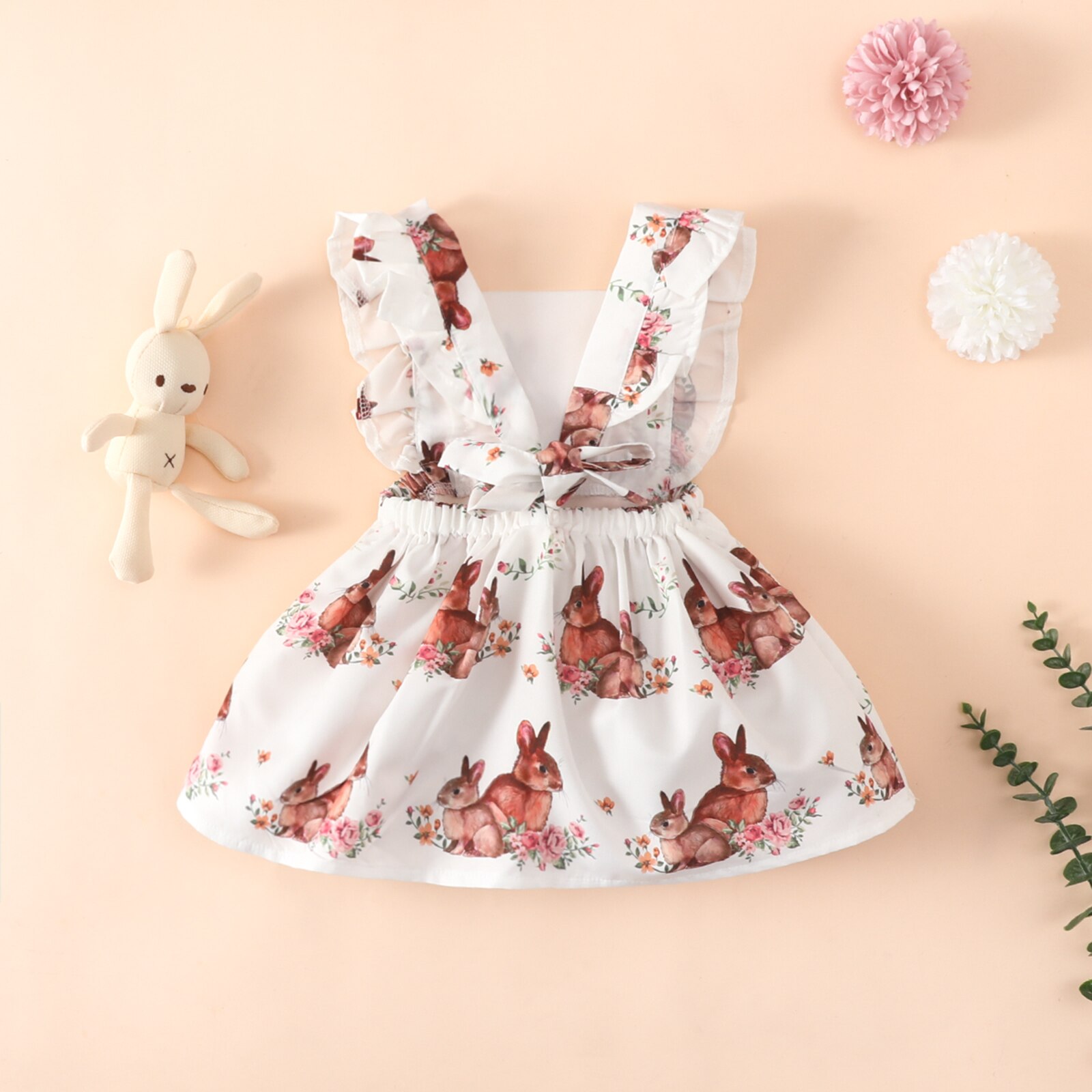 Neonate vestito pasquale estate senza maniche coniglio neonato stampato floreale aperto indietro cravatta abiti Casual carini