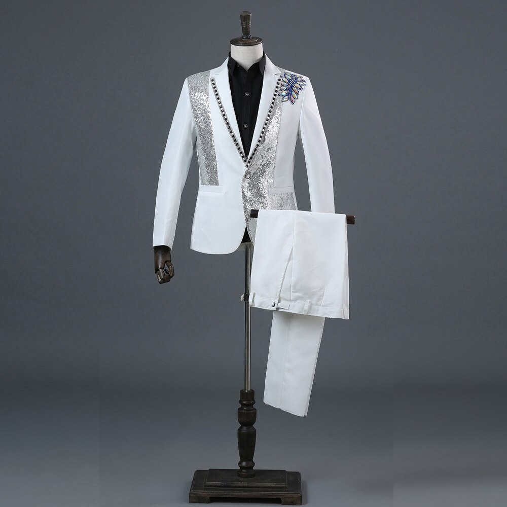 Hommes Double face 3D cristal broderie fleur hommes Costume ensemble scène chanteur discothèque Costume veste hommes Costume pour mariage Costume Homme: white / Asian M