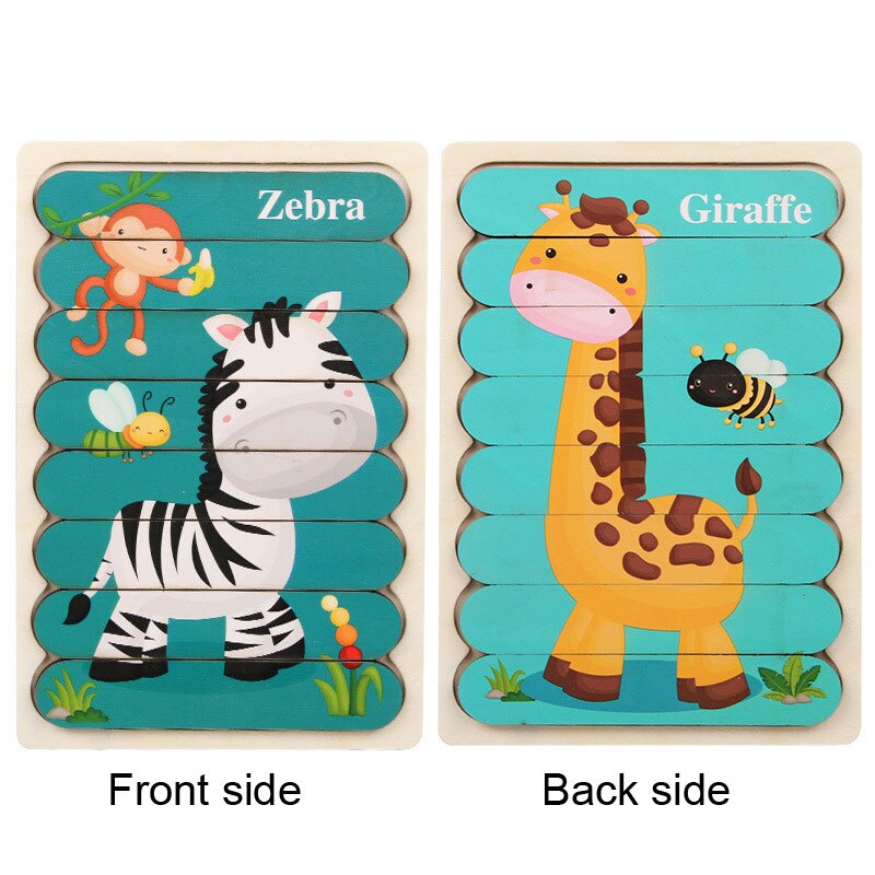 Kids Animal 3D Wooden Puzzle Montessori Toy Double-sided Strip Puzzle Telling Story Stacking Jigsaw Educational Toy For Children