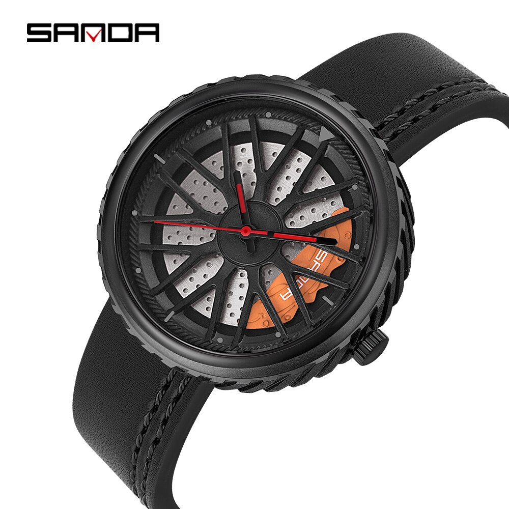 Relojes para hombre, Casual, estilo de rueda de coche, relojes de pulsera creativos para hombre, esfera de rueda de carreras 3D, reloj de cuarzo para hombre, reloj Masculino: Leather black