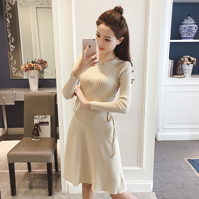 Knitting Long Sleeve Dress Autumn Women's clothing Slim Lace up Elasticity knitted Sweater A-line Dresses