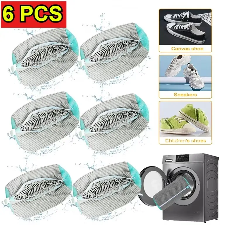 6-1pcs Washing Machine Shoe Bag for Sneakers Cleaning Slippers Washing Machine Cover Shoe Laundry Bag Soft Bristle Clean Brush: Clear