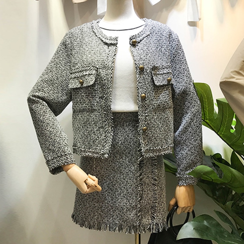 Tweed Set Suit Autumn Winter Runway Women's Single Breasted Short Jacket Coat + High Waist Tassels Bodycon Mini Skirt Set