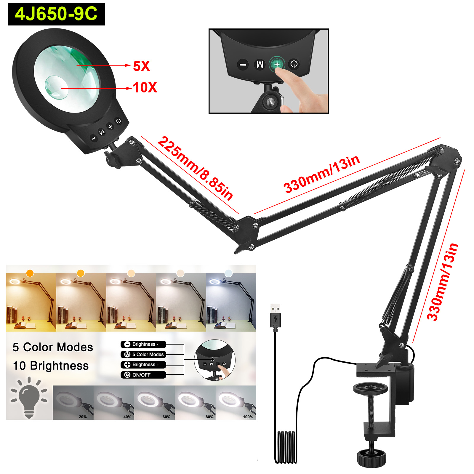 Lámpara de lupa de brazos oscilantes largos 5X/10X con luces LED de ajuste de 5 colores lámpara de mesa de lectura para reparación de soldadura trabajo cercano: Plata