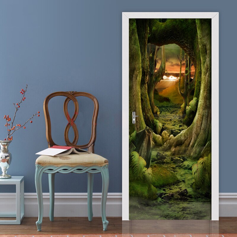 Nature Landscape Forest Door Wall Sticker Living Room Kitchen PVC Self-Adhesive Waterproof Sticker On The Doors Wallpaper Mural