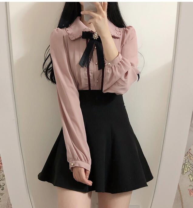 Forår kvinders søde toppe preppy stil vintage japanere korea knap formelle skjorter bluser pink hvid 12020: Lyserød / Xl