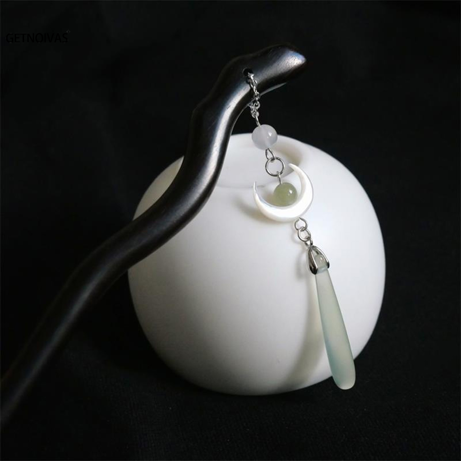 Palillos de pelo de madera de estilo chino Vintage para mujeres y niñas, horquilla con borla de Luna, Clip para el pelo, tocado Hanfu, joyería, accesorios para el cabello