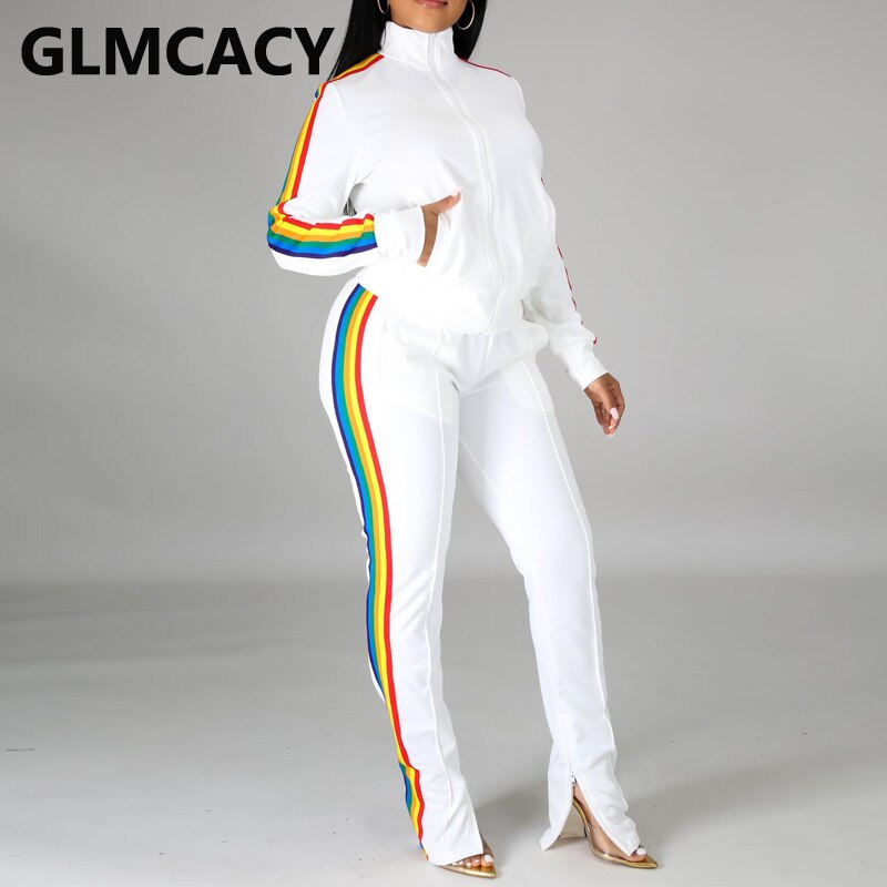 Vrouwen Side Regenboog Gestreepte Twee Stuk Past Regualr Rits Jas & Slit Broek Set: WHITE / XL
