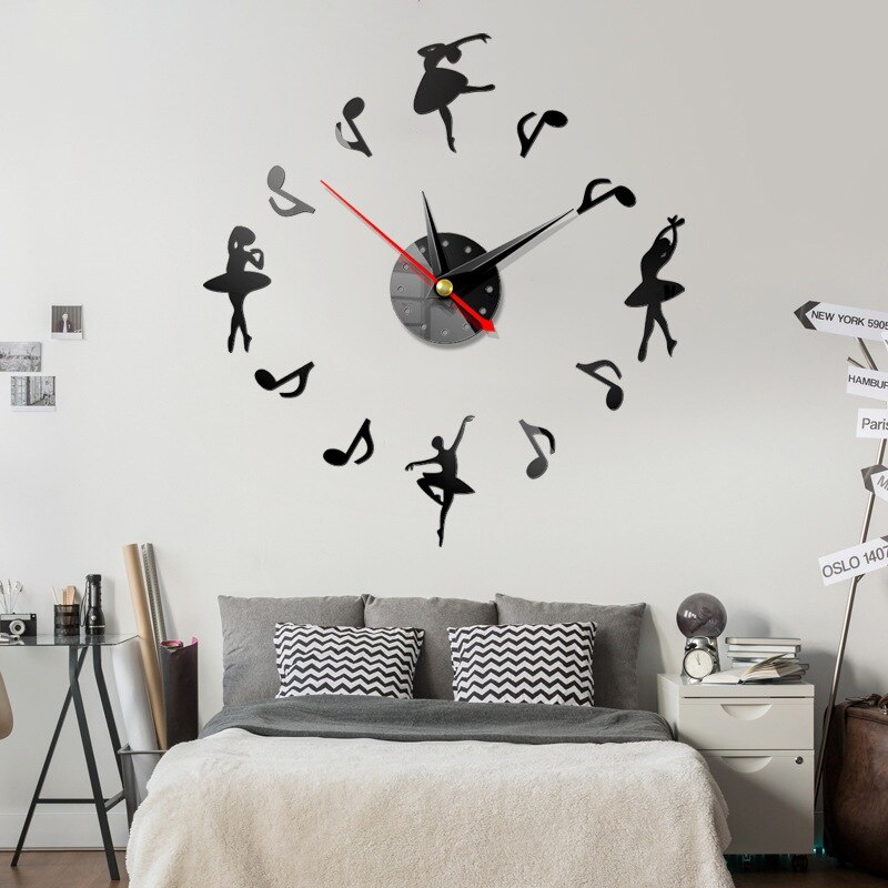 Reloj de pared grande DIY 3D, moderno, decoración para sala de estar, relojes, pegatinas de espejo acrílico, reloj de pared silencioso, estilo de música y baile: Black