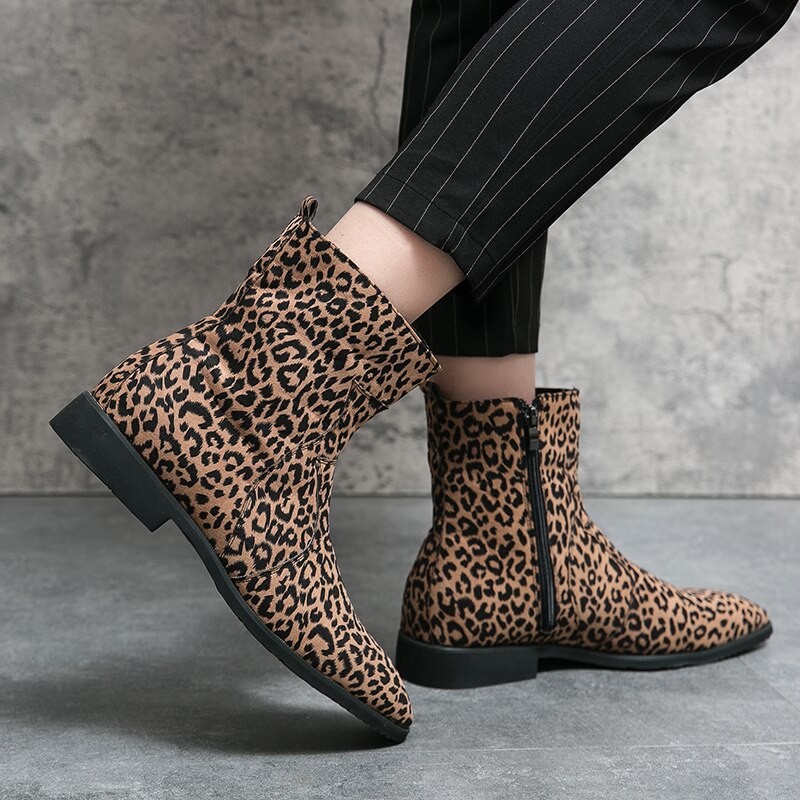 Stivali leopardati italiani taglie forti uomo Misalwa retrò Chelsea stivali britannici stivaletti con cerniera lampo scarpe alte da uomo