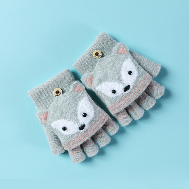 Kinderen Winter Gebreide Convertible Handschoenen Kerst Cartoon Vos Warme Zachte Gevoerd Flip Top Vingerloze Wanten Baby Handschoenen 6-10T: green