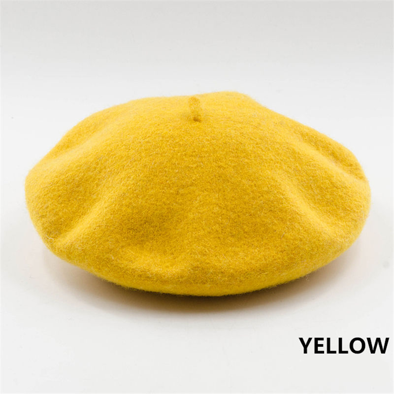 Béret en Laine Rétro et Style Artiste Français pour Femme et Fille Chapeau Vintage de Couleur Unie, , pour Dame, Hiver: Yellow
