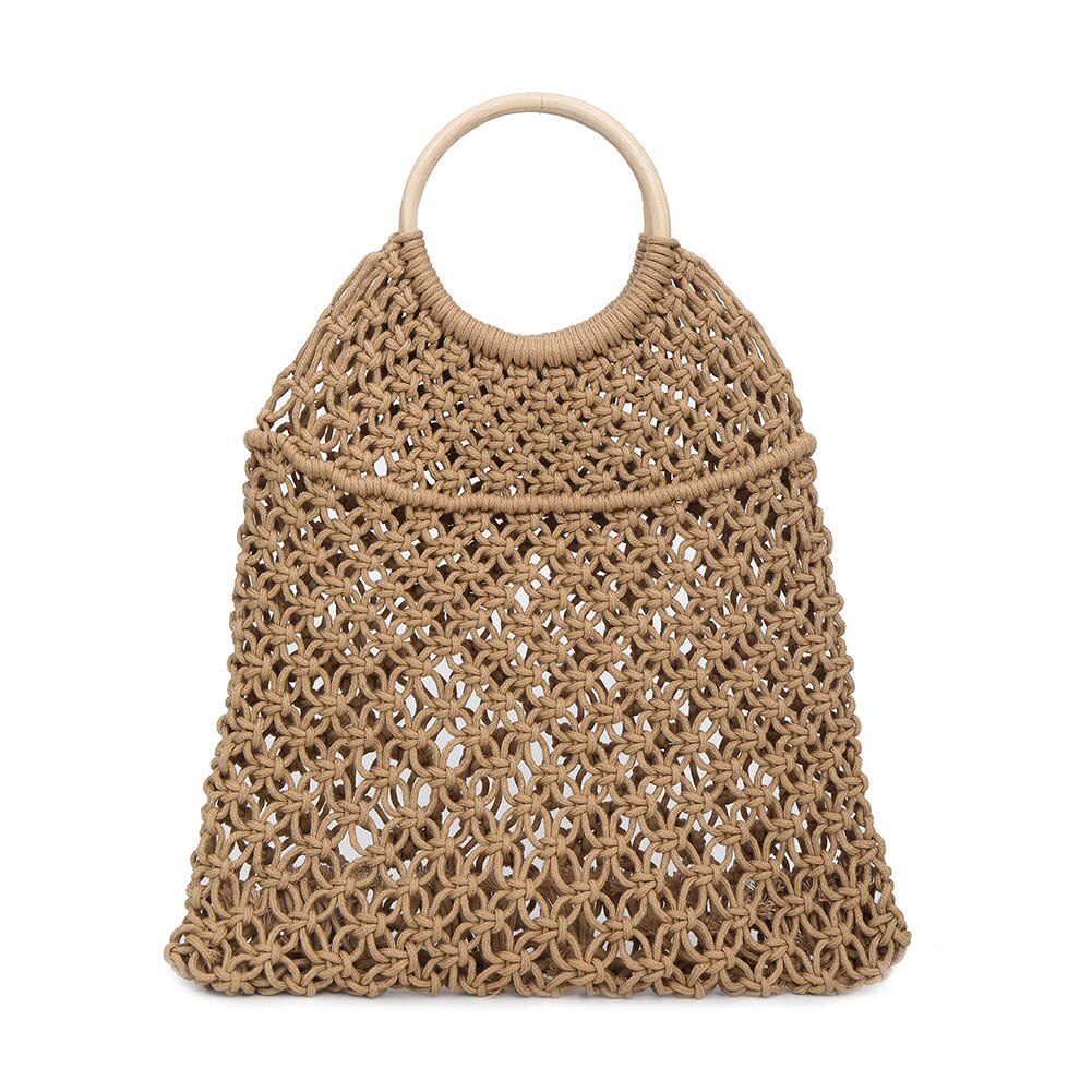 Women Handbag Handmade Straw Woven Round Handle Ring Large Capacity Summer Beach Bags -B5: Khaki