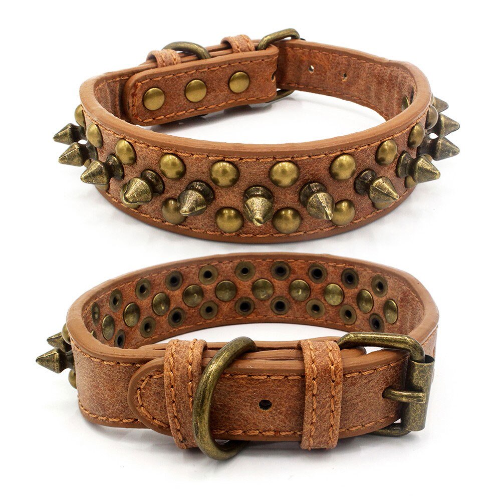 Hond Kraag Lederen Punk Spiked Studded Rivet Halsbanden Ronde Spikes Duurzaam Pet Producten voor Kleine/Medium/Larges honden XS-XL: Brown / L