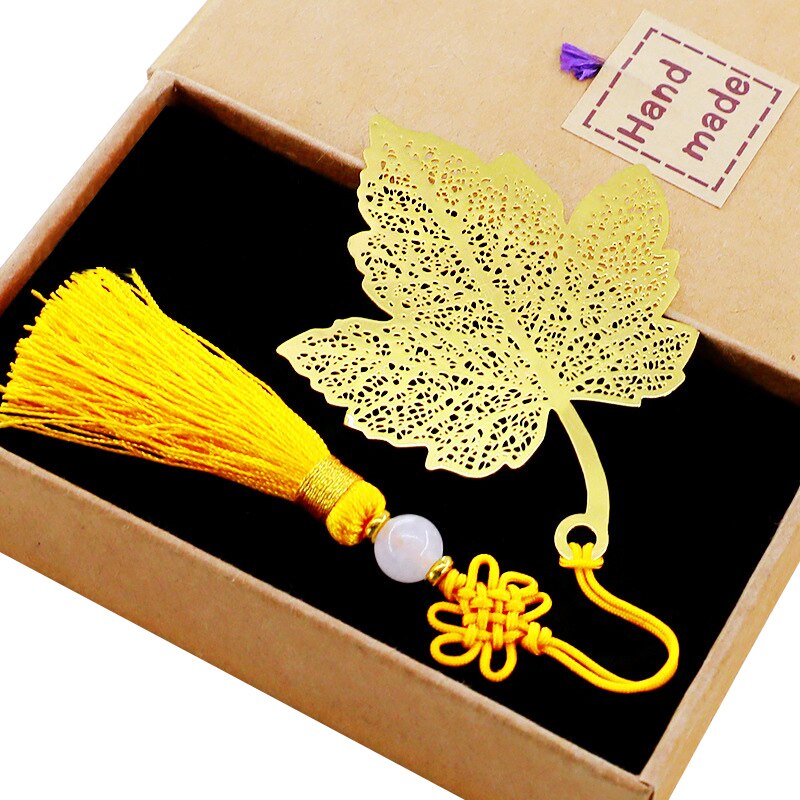 Retro Metal Brass Maple Leaf Chinese Knot Tassel Bookmark Student School Stationery for Children Papelaria: Yellow